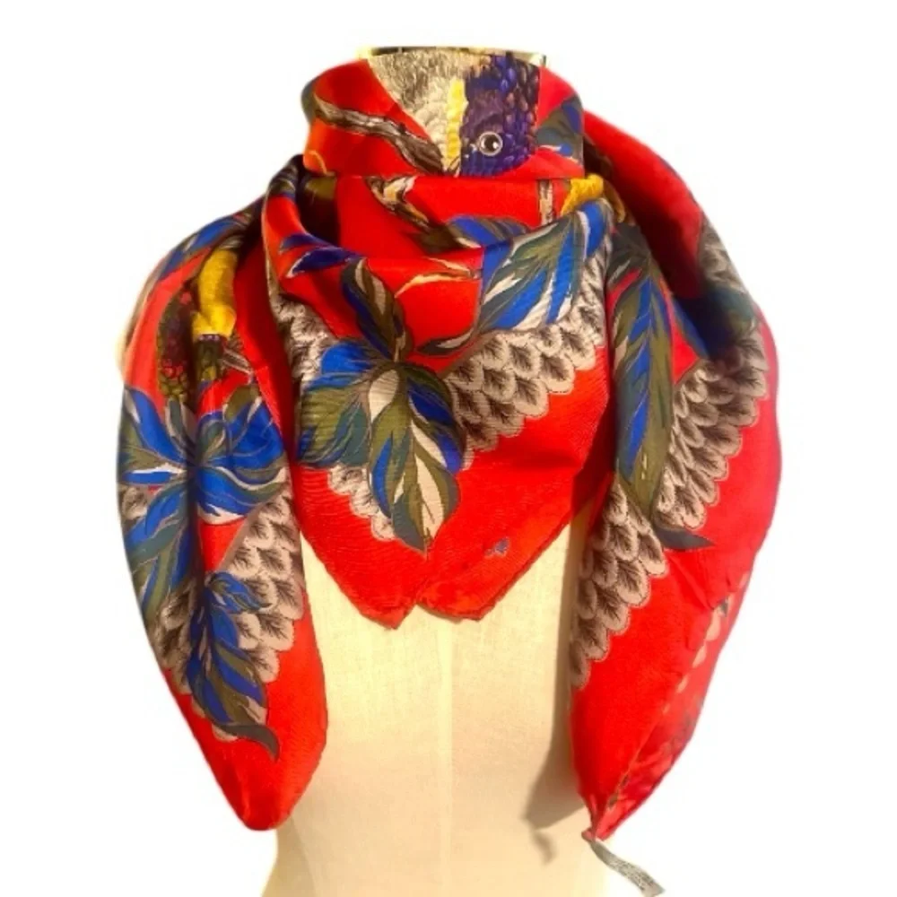 Christian Dior Stunning Vintage 100% Silk Scarf Birds & Foliage Print Red Blue